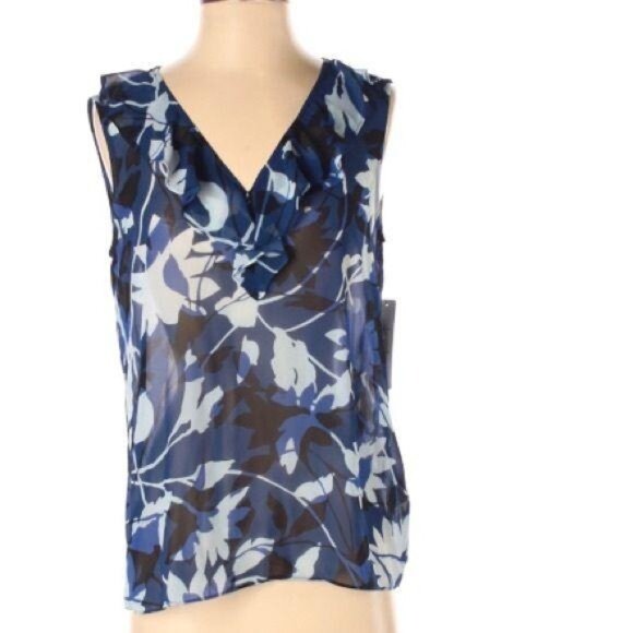 Sleeveless Floral Blouse V-Neck Ruffle By Laundry By Shelli Segal XS Blue & Blac - Picture 1 of 4